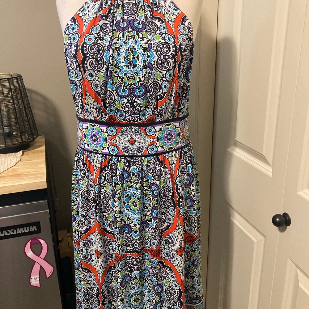 London Times Multicolor Halter Midi Dress - Black, Orange, Blue, Green